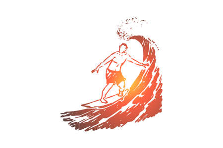 Surfing, wave, summer, board, sport concept. Hand drawn surfer on a wave concept sketch. Isolated vector illustration.のイラスト素材