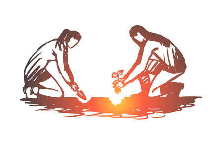 People, planting, flowers, gardening, nature concept. Hand drawn women planting flower in ground concept sketch. Isolated vector illustration.のイラスト素材