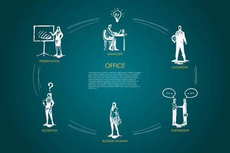 Office - manager, presentation, secretary, business woman, leadership, partnership vector concept set. Hand drawn sketch isolated illustratonのイラスト素材