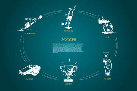 Soccer - forward, fine, goalkeeper, whistle, victory, penalty vector concept set. Hand drawn sketch isolated illustrationのイラスト素材