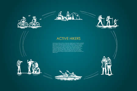 Active hikers - people riding bicycles, having rest with camping in forest, hiking with family, orienting with map, driving kanoe, taking photo vector concept set.のイラスト素材