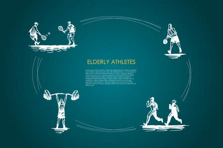 Elderly athletes - old people jogging, playing tennis, football and doing exercises vector concept set. Hand drawn sketch isolated illustrationのイラスト素材