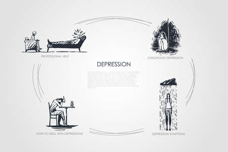 Depression - professional help, childhood depression, depression symptoms, how to deal with depression vector concept set. Hand drawn sketch isolated illustrationのイラスト素材