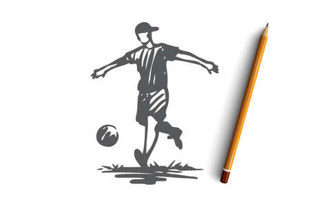 Boy, sport, soccer, ball, child concept. Hand drawn teen boy playing football concept sketch. Isolated vector illustration.のイラスト素材