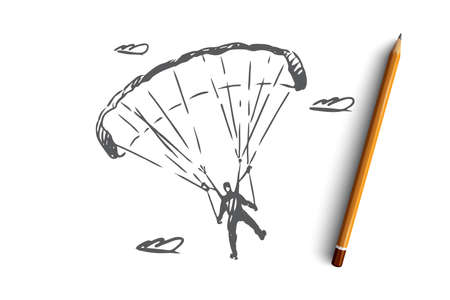 Parachutist, extreme, skydiving, sport, fly concept. Hand drawn parachutist on a sports parachute concept sketch. Isolated vector illustration.のイラスト素材