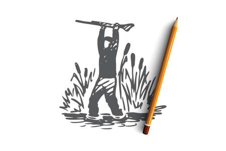 Hunting, sneaking, rifle, sport, weapon concept. Hand drawn hunter sneaks through the reeds concept sketch. Isolated vector illustration.のイラスト素材