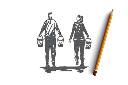 Couple, plant, garden, watering concept. Hand drawn young couple with water for plants concept sketch. Isolated vector illustration.のイラスト素材