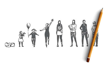 Aging, female, girl, woman, adult concept. Hand drawn young and adult women concept sketch. Isolated...