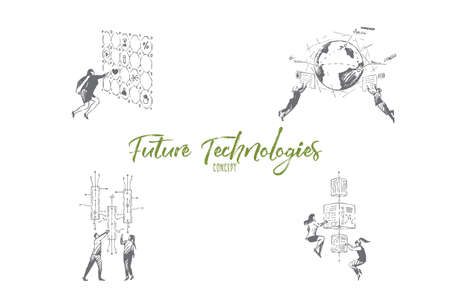Future technologies - people pushing buttons, looking at screens and exploring technologies of future vector concept set. Hand drawn sketch isolated illustrationのイラスト素材