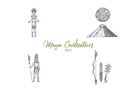 Maya civilization - Maya people, tools and pyramid vector concept set. Hand drawn sketch isolated illustrationのイラスト素材