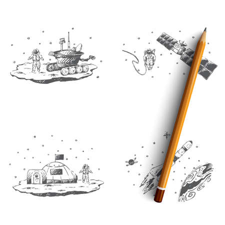 Astronaut - study of surface, orbital station, space journey, colonization vector concept set. Hand drawn sketch isolated illustrationのイラスト素材