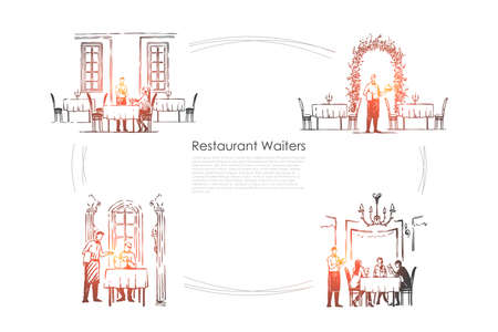 Restaurant waiters - waiters in restaurants getting orders and bringing food vector concept set. Hand drawn sketch isolated illustrationのイラスト素材