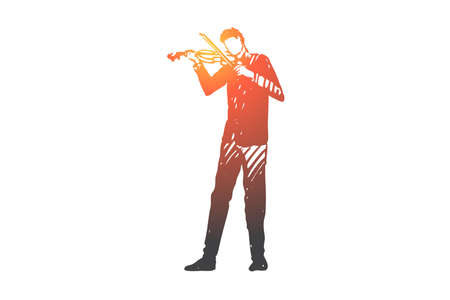 Violin, musician, man, concert, instrument concept. Hand drawn man playing violin concept sketch. Isolated vector illustration.のイラスト素材