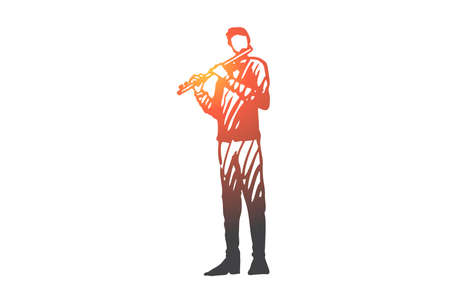 Flute, musician, man, instrument, play concept. Hand drawn musician playing on flute concept sketch. Isolated vector illustration.のイラスト素材