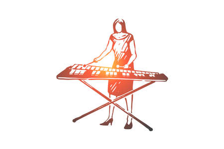 Vibraphone, music, woman, instrument, play concept. Hand drawn female musician playing on vibraphone concept sketch. Isolated vector illustration.のイラスト素材