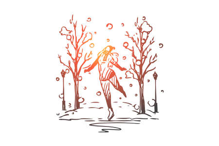 Winter, park, women, skating, ice, active concept. Hand drawn happy woman skating in park concept sketch. Isolated vector illustration.のイラスト素材