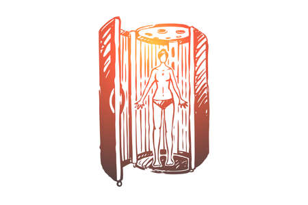 Salon, solarium, spa, woman, skin, tan concept. Hand drawn woman sunbathing in the solarium concept sketch. Isolated vector illustration.のイラスト素材