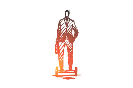 two-wheeled motorized, businessman, electric, transport, wheel concept. Hand drawn businessman drives on two-wheeled motorized concept sketch. Isolated vector illustration.のイラスト素材