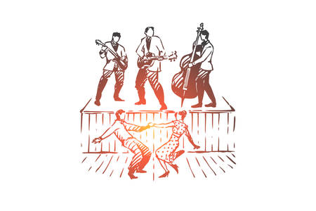 Rock and Roll, dance, music, party, retro concept. Hand drawn musicians play rock and roll, people dancing concept sketch. Isolated vector illustration.のイラスト素材