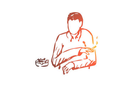 Smoking, tobacco, cigarette, addiction, health concept. Hand drawn man smoking tobacco cigarette concept sketch. Isolated vector illustration.のイラスト素材