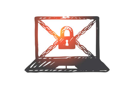 Computer, protection, access, data, lock concept. Hand drawn computer protected with lock concept sketch. Isolated vector illustration.のイラスト素材