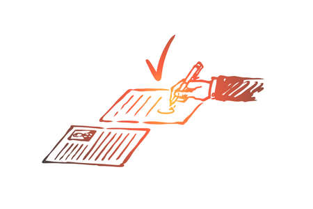 Contract, agreement, document, paper, signature concept. Hand drawn person signs a document concept sketch. Isolated vector illustration.のイラスト素材