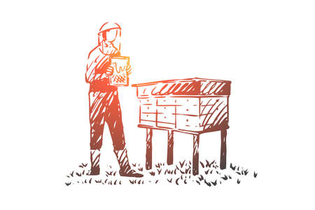 Beekeeper, agriculture, farm, bee, apiary concept. Hand drawn beekeeper working at apiary concept sketch. Isolated vector illustration.のイラスト素材
