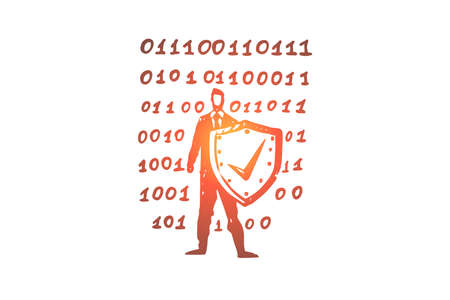 Computer, protection, security, data, shield concept. Hand drawn man with shield, computer data protection concept sketch. Isolated vector illustration.のイラスト素材
