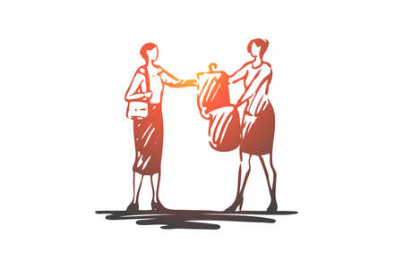 Dry, cleaning, clothes, service, woman concept. Hand drawn woman picks up things from dry cleaning concept sketch. Isolated vector illustration.のイラスト素材