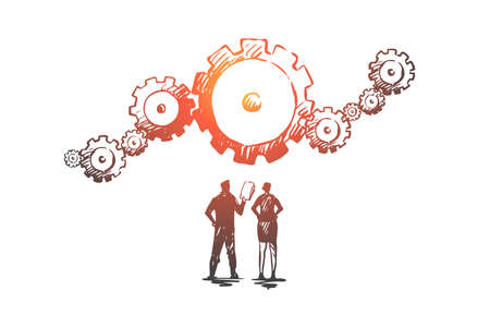Data, gear, analytics, business, technology concept. Hand drawn business analytics, gear as symbol...