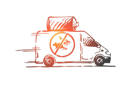 Pest, service, car, toxic, insecticide concept. Hand drawn pest control service car concept sketch. Isolated vector illustration.のイラスト素材