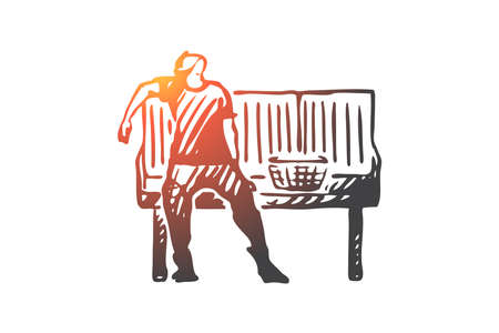 Cleaning, tired, home, work, man concept. Hand drawn man tired from homework concept sketch. Isolated vector illustration.のイラスト素材