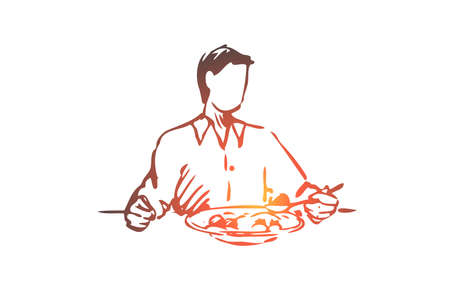 Man, eat, food, soup, lunch, meal concept. Hand drawn man eating soup for dinner concept sketch. Isolated vector illustration.のイラスト素材
