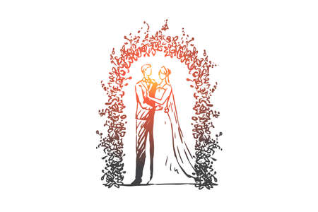 Couple, marriage, wedding, groom, bride concept. Hand drawn happy couple in a marriage day concept sketch. Isolated vector illustration.のイラスト素材