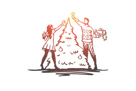 Christmas, tree, decorating, holiday, gift concept. Hand drawn man and woman decorating Christmas tree concept sketch. Isolated vector illustration.のイラスト素材