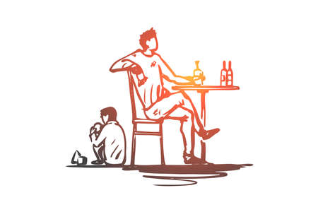 Father, alcohol, drunk, child, alcoholism concept. Hand drawn drunk father and child at home concept sketch. Isolated vector illustration.のイラスト素材