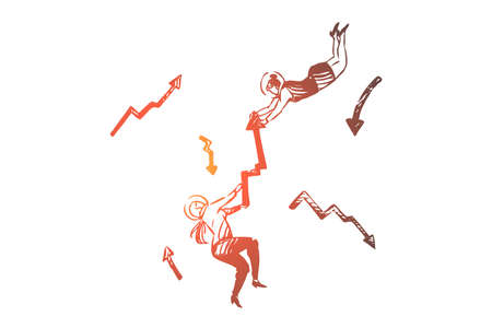 Business, space, suit, arrow, women, fly concept. Hand drawn businesswomen flying in space suit...