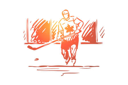 Canada, hockey, symbol, country, sport concept. Hand drawn Canadian man play hockey concept sketch. Isolated vector illustration.のイラスト素材