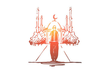 Turkey, mosque, country, traditional, tourism concept. Hand drawn Turkish man in traditional dress, mosque on background concept sketch. Isolated vector illustration.のイラスト素材