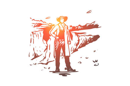 USA, cowboy, national, America, state concept. Hand drawn American cowboy and traditional USA landscape with canyon concept sketch. Isolated vector illustration.のイラスト素材