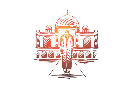 India, country, travel, religion, building concept. Hand drawn man in traditional Indian dress. Religion building concept sketch. Isolated vector illustration.のイラスト素材