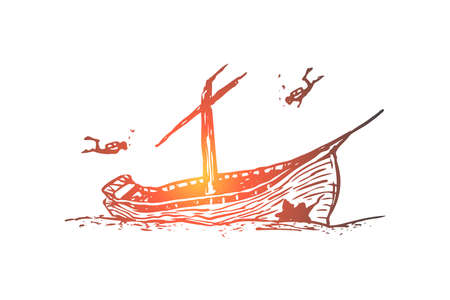 Underwater, boat, seabed, ship, diving concept. Hand drawn sunken ship on the seabed concept sketch. Isolated vector illustration.のイラスト素材