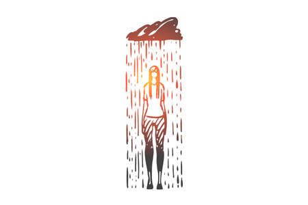 Rain, depression, woman, sad, stress concept. Hand drawn sad woman with symptoms of depression concept sketch. Isolated vector illustration.のイラスト素材