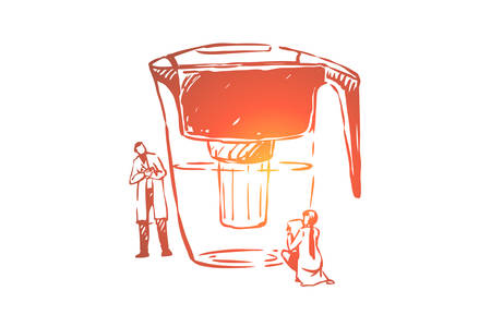 Water, purified, bottle, clean, filtration concept. Hand drawn chemist examines water after filtration concept sketch. Isolated vector illustration.のイラスト素材