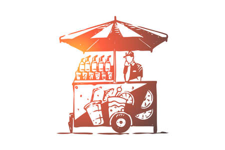 Fresh, car, drink, cocktail, street concept. Hand drawn street bar with fresh fruit cocktails. Fresh juice concept sketch. Isolated vector illustration.のイラスト素材