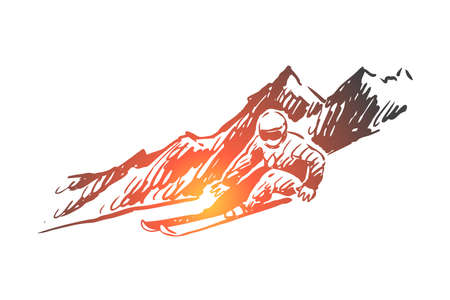 Ski, snow, winter, sport, extreme concept. Hand drawn sportsman skiing in winter mountains concept sketch. Isolated vector illustration.のイラスト素材