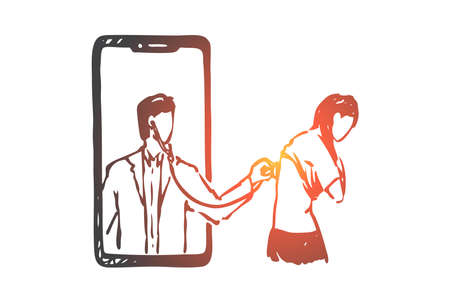 Doctor, online, medicine, stethoscope, help concept. Hand drawn doctor makes a diagnosis on the internet concept sketch. Isolated vector illustration.のイラスト素材