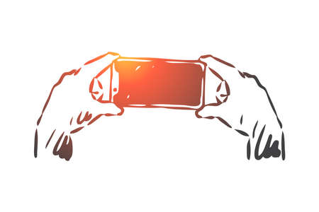 Smartphone, screen, hands, photo, technology concept. Hand drawn person take photo on smartphone concept sketch. Isolated vector illustration.のイラスト素材