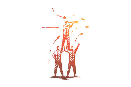 Teamwork, company, project, leadership concept. Hand drawn business team looking for new strategy concept sketch. Isolated vector illustration.のイラスト素材