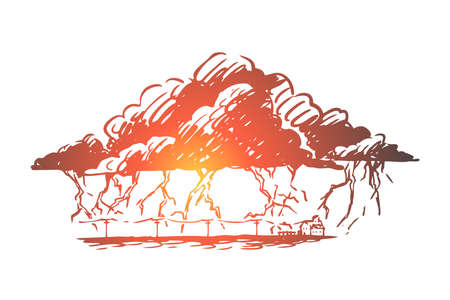 Lightning, strike, cloud, storm, thunderstorm concept. Hand drawn lightning strikes in time of thunderstorm concept sketch. Isolated vector illustration.のイラスト素材